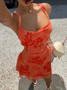 Aloruh 女士露背金属3D花卉装饰交叉绑带迷你连衣裙 - 橘色 - 查看 4