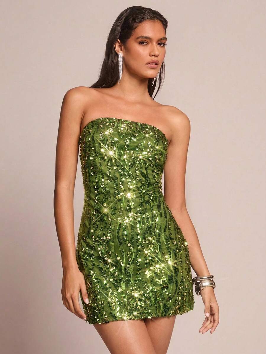 Glamine 女士亮片无肩带魅力时尚迷你连衣裙 - 綠色 - 查看 1