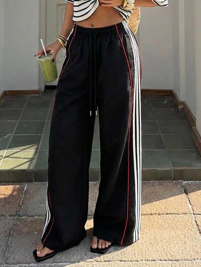 Muchica Women's Casual Colorblock Striped Wide Leg Pants