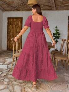 Breezaya Plus Size Women's Woven Regular Spring/Summer Vacation Short Sleeve Square Neck Yellow Cinched Waist Dress - Watermelon Pink - View 2