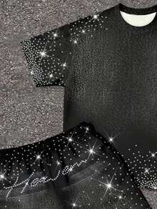 SHEIN 男童休闲简约T恤套装，经典酷炫闪亮星星珍珠印花，适合街头穿搭，Y2K风格 - 彩色 - 查看 5