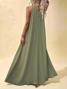 Balvessa 女士海滩夏季简约纯色锁眼领口露背吊带连衣裙长款度假海滩装 - 綠色 - 查看 2