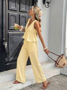 Serisse Bộ đồ 2 món dành cho nữ, kiểu dáng thường ngày, gồm áo tank top và quần dài kẻ sọc, thích hợp cho kỳ nghỉ. - Vàng nhạt - Xem 5