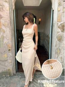 Serisse Women's Elegant Solid Color Textured Split Dress, Summer,Summer Dresses For Women - Apricot - View 7