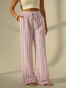 SHEIN Tall Quần ống rộng kẻ sọc màu hồng dành cho nữ, thích hợp mặc đi nghỉ mát. - Nhiều màu - Xem 6