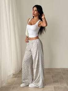 SHEIN PETITE 女士弹力腰带休闲百搭通勤阔腿运动裤猎豹纹印花裤 - 彩色 - 查看 3