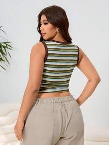 Solflare Nuevo conjunto casual versátil de primavera/verano, adecuado para salidas, uso diario, fiestas, ir al trabajo, festivales de música, vuelta al colegio, graduación, vacaciones, ropa urbana, ropa de estar en casa, explorar tiendas, pasear por la ciudad, uso en múltiples ocasiones, se puede usar como prenda exterior o en capas, tonos terrosos, verde militar, rayas multicolor, tejido elástico de punto, fruncido en la cintura, corto, cuello redondo, bajo asimétrico, camiseta y top de tirantes talla grande - Multicolor - Ver 2