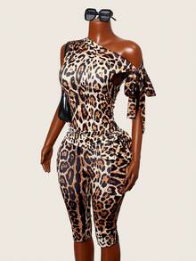 BamGleam Women's Summer Sleeveless Tie-Knot Fitted 3/4 Length Leopard Print Jumpsuit , Summer Outfits For Women , Summer Outfits ,  Summer Outfit For Women, Summer , Summer Clothes  , Summer Outfits For Women , Summer Outfits ,  Summer Outfit For Women Leopard Print Set Leopard Print Outfit 1 Piece Set 1pc Set Outfit Sets For Women Outfits 1 Piece Set - Gold - View 6