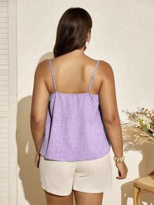 SHEIN LUNE Plus Size Women Solid Color Frill Trim Front Tie Camisole - Purple - View 2