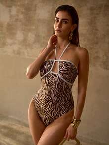 MOTF PREMIUM Áo tắm liền thân họa tiết sọc ngựa vằn, viền tương phản, buộc dây sau lưng, kiểu cổ yếm, thích hợp cho bãi biển mùa hè. - màu nâu - Xem 4