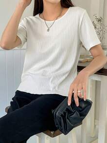 DAZY 女款素色圓領短袖休閒百搭T恤 夏季商務休閒女裝 - 白色 - 查看 3