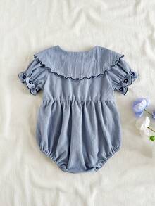 SHEIN Salopă albă cu mânecă scurtă pentru bebeluși, guler și manșete brodate, decorațiuni cu funde, ținută drăguță de vară, casual - Albastru - Vizualizare 2
