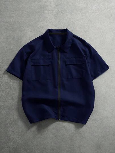 PAVTROS 加大码男士休闲纯色短袖衬衫外套