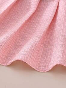 Elladie kids Young Girl Light Pink Plaid Pearl Button Cardigan Short Sleeve Jacket And Pleated Mini Skirt Summer Clothing Set, Elegant Young Girls Tweed Bowknot Outfit - Pink - View 7
