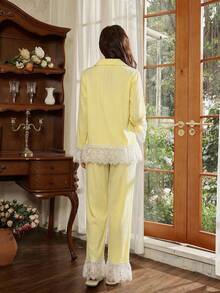 French Elegant Romantic Lace Patchwork Women Pajama Set - Yellow - View 2