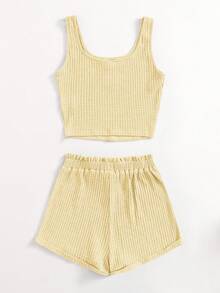 SHEIN Teen Girl Summer Casual Vacation & Commute Solid Color Waffle Fabric Camisole And Paper Bag Waist Shorts Set - Yellow - View 2