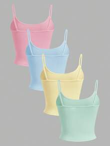 SHEIN EZwear 4 件套女士紧身短款休闲背心，粉色、蓝色、黄色、绿色，适合夏季 - 彩色 - 查看 2