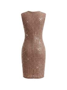 Ellevyn Women's Notched Neck Sleeveless Fitted Ruched 3D Floral Decor Sequin Dress,Pink And Brown,Summer,Seductive,Party Sparkly Slim-Fit Mini Wedding Guest - Coffee Brown - View 2