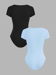 SHEIN EZwear 黑色和浅蓝色加大码女式两件套短袖连体衣 - 淺藍色 - 查看 2