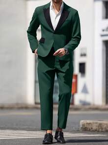 Calvornis 男士纯色休闲翻领西装外套和斜口袋裤套装 - 墨綠色 - 查看 5