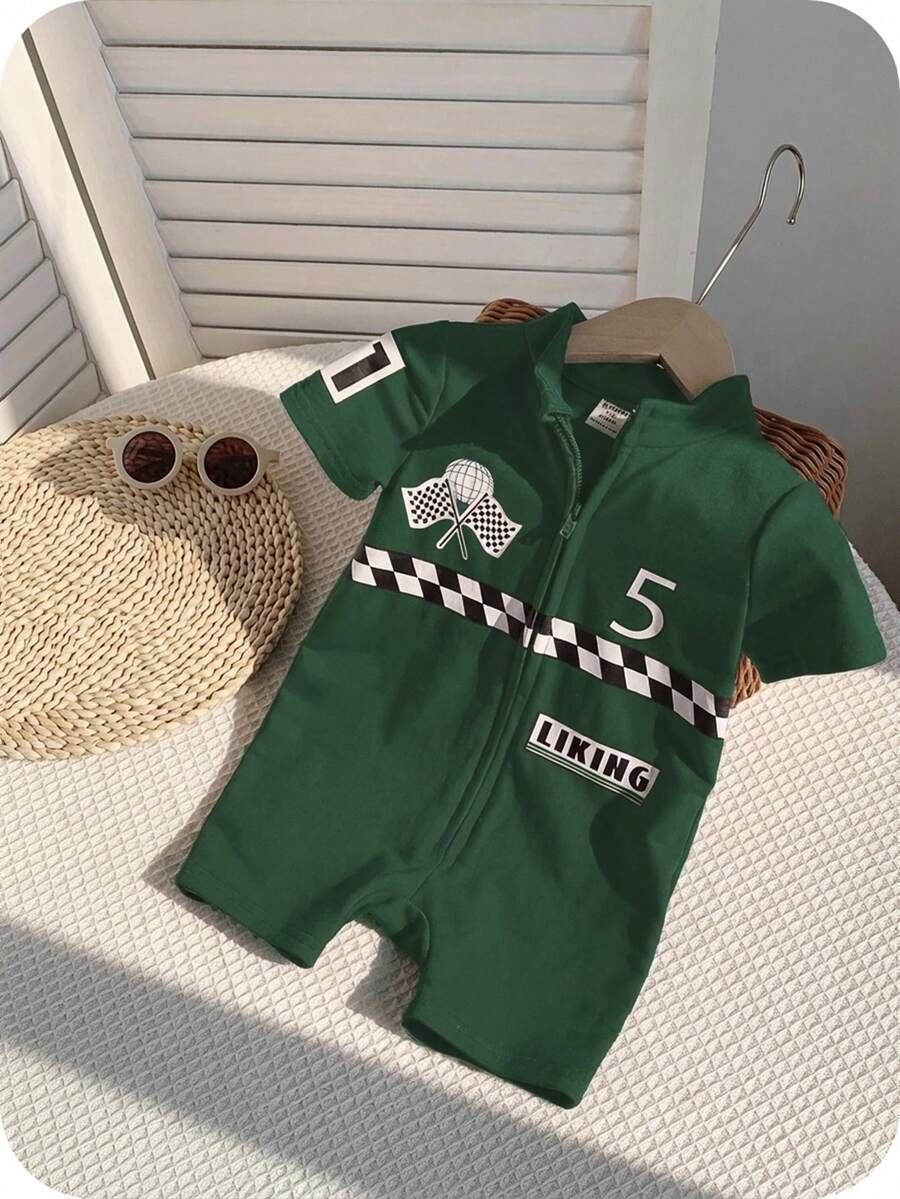 SHEIN Bộ áo liền quần tay ngắn cổ mềm mại, họa tiết chữ cái cho bé trai/bé gái, kèm quần short. - màu xanh lá - Xem 1