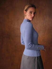 MOTF PREMIUM MINIMALIST METAL BUCKLE DECOR BASE LAYER SWEATER - Teal Blue - View 3