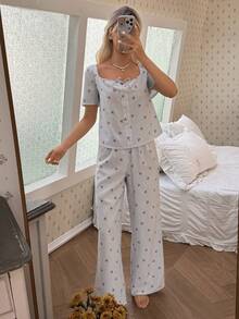 CottageSlumber Women's Plaid Cherry Print Square Neck Cardigan & Pants Pajama Set - Blue - View 3
