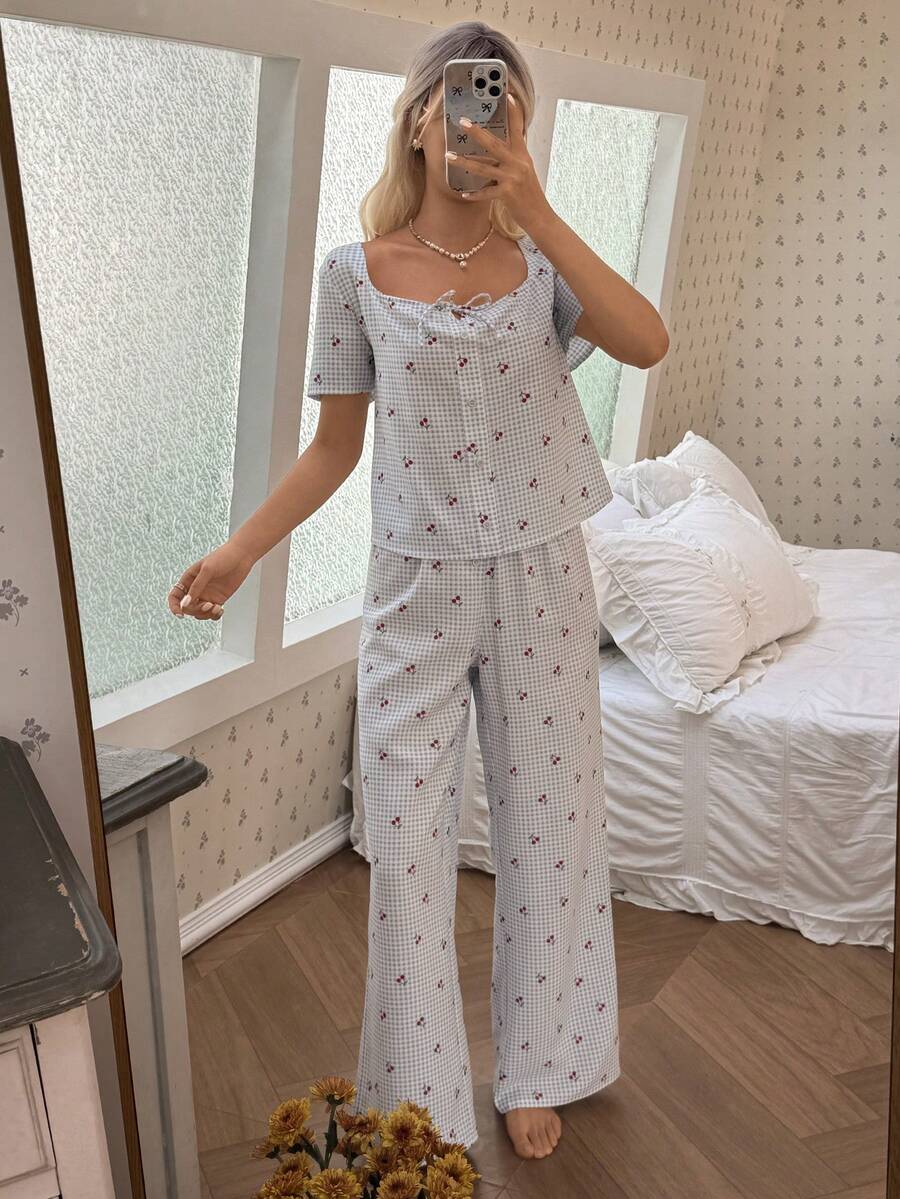 CottageSlumber Women's Plaid Cherry Print Square Neck Cardigan & Pants Pajama Set - Blue - View 1