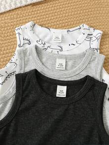 SHEIN 男女宝宝3件套可爱恐龙印花无袖连体衣套装，春夏男婴服装 - 黑色 - 查看 7