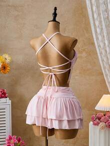 SHEIN Glamour Pink Floral Summer Boho Vacation Holiday Women's Glitter Halter V-Neck Backless Sleeveless Asymmetrical Mini Skirt 2 Pieces Set,Music Festival - Pink - View 4
