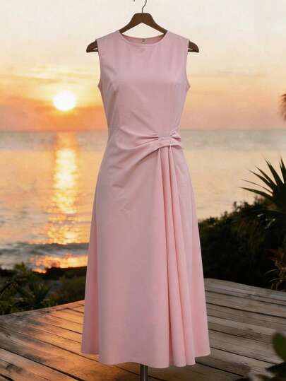 GlowEve 优雅都市风新款无袖连衣裙，浅粉色，采用3D褶皱设计，适合日常穿着、婚礼、晚宴、通勤、毕业派对、节日、假期、约会、聚会、万圣节、圣诞节、新年、感恩节、婚礼等场合 - 中长款