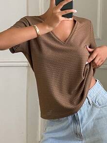 Livesso Áo thun nữ cổ chữ V tay ngắn màu trơn, dáng rộng, phong cách thường ngày. - màu nâu - Xem 3