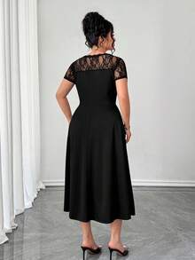 SHEIN Elenzya Plus Size Lace Patchwork Black Summer Elegant Formal Dress, Date Night Party Waist Versatile Chic Tea Ankle Length Midi Cocktail - Black - View 2