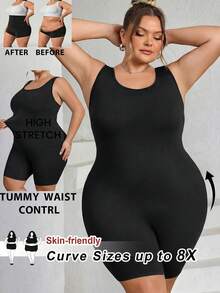 SHEIN CURVE+ 大码女士无缝塑身衣，胸部和臀部提拉 - 腹部、腰部和大腿塑形连体衣，曲线加大码，Hoho Vacation沙滩装/沙滩裙/沙滩度假装/沙滩必备/毕业典礼/下午茶派对礼服 - 黑色 - 查看 8