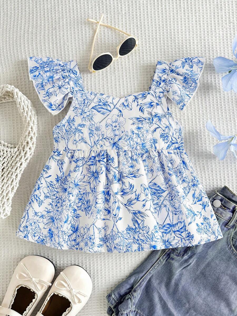 SHEIN Blusa casual de manga corta con estampado floral para niñas preadolescentes, versátil y de moda, ideal para primavera, verano, Día de la Madre y graduación - Azul y blanco - Ver 1
