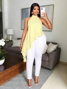 SOLERSUN Women's Elegant Vacation Light Yellow Halter Neck Flowing Double- Asymmetric Layered Ruffle Hem Blouse - Light Yellow - View 3