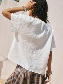 SoleilVie Camiseta holgada de mujer con cuello en V, mangas de murciélago y parches de encaje en textura de lino, estilo bohemio - Blanco - Ver 2