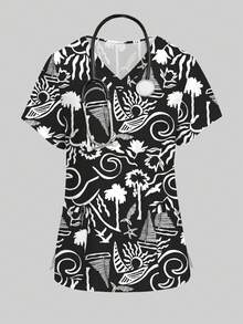 PopScrub Summer Black 2-Piece Set Rennaissance School Workwear Nurse Uniform,Coconut Tree Sailboat Wave Cartoon Print V-Neck Short Sleeve Split Pocket Suit - Multicolor - View 4