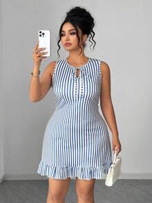 Elenzga 优雅女士蓝白条纹印花圆领无袖修身连衣裙，适合日常休闲穿着、购物、海滩度假，舒适的夏季连衣裙 - 藍白色 - 查看 6