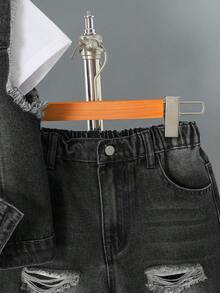 Conjunto de chaleco vaquero con capucha y pantalones cortos desgastados estilo cargo lavado para niño preadolescente - Negro - Ver 5