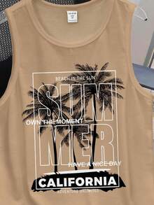 Tween Boys' Casual Minimalist Round Neck Tank Top, Classic Palm Tree Print, Suitable For Summer, Beach, Vacation - Camel - View 4