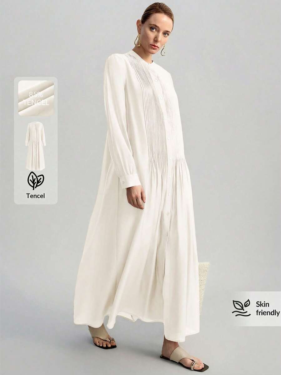 Ontre Đầm dài tay xếp ly dáng rộng năm 2026 dành cho nữ, kiểu dáng thanh lịch tối giản, phong cách Bohemian, thích hợp cho kỳ nghỉ biển. - Màu be - Xem 1