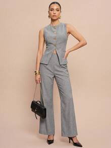 Olia Maree Olia Maree Bộ đồ nữ thanh lịch, trang trí họa tiết hoa và cúc áo, thích hợp mặc thường ngày hoặc đi làm. - Màu Xám nhạt - Xem 4