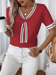 EMERY ROSE Women's Casual Everyday/Work Commute Contrast Stripe Pattern Twist Collar Short Sleeve Knit Top, Summer - Multicolor - View 6