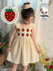 LMoss Kids 少女草莓图案方领荷叶边下摆休闲连衣裙 - 彩色 - 查看 1