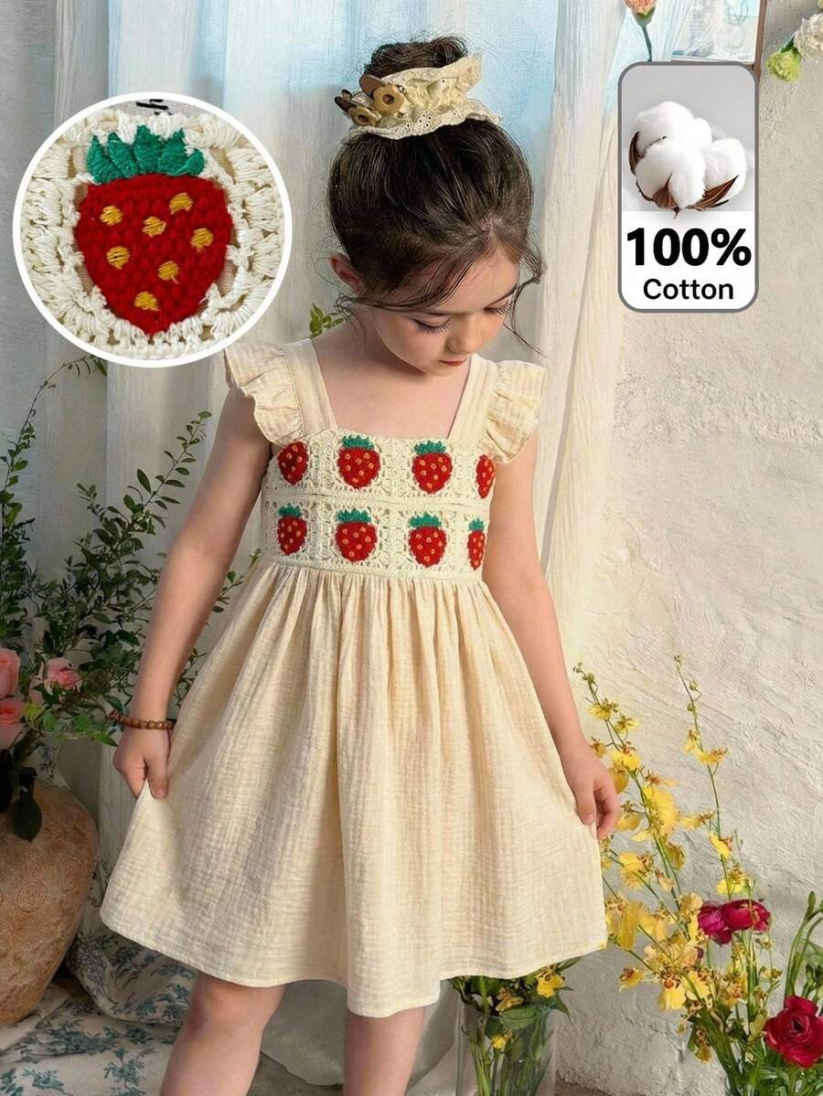 LMoss Kids 少女草莓图案方领荷叶边下摆休闲连衣裙 - 彩色 - 查看 1