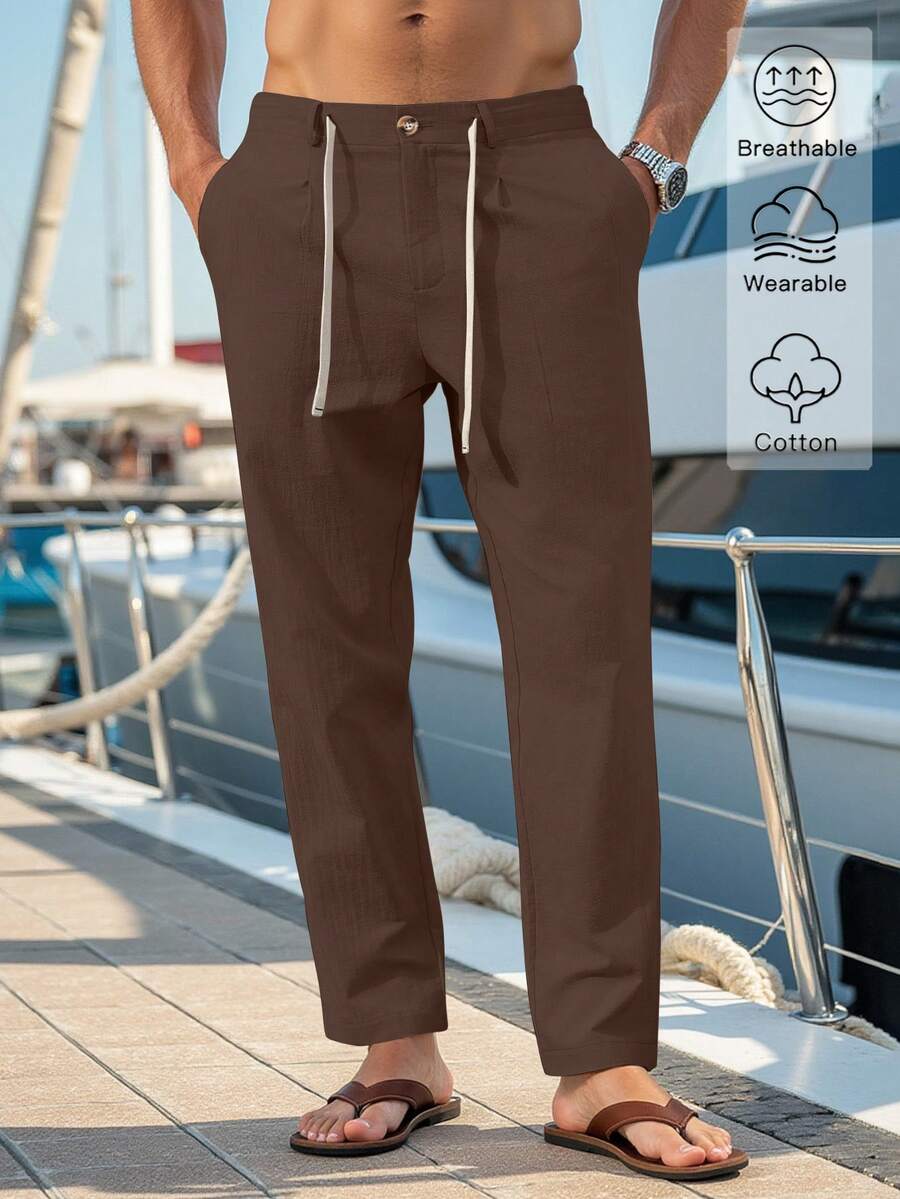 Manfinity RSRT Men Solid Drawstring Waist Pants Tapered Long Slacks Linen Cool Plain Going Out, Fall - Brown - View 1
