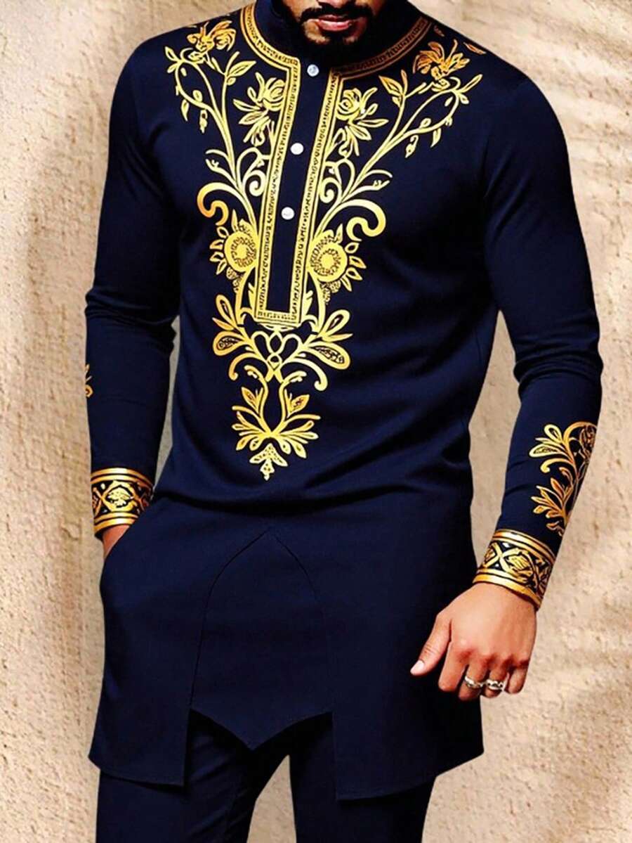 Manfinity AFTRDRK 男士印花长袖衬衫，中东节日礼物 - 藏蓝色 - 查看 1