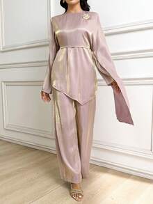 Veilorie 女士金属色不对称下摆上衣和裤子优雅两件套 - 藕粉色 - 查看 6