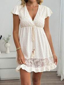 Louniche Đầm ngắn babydoll màu trắng tinh khôi, khoét eo, phối ren, tay bồng, dành cho nữ, thích hợp cho kỳ nghỉ hè/mùa xuân. - Màu be - Xem 1